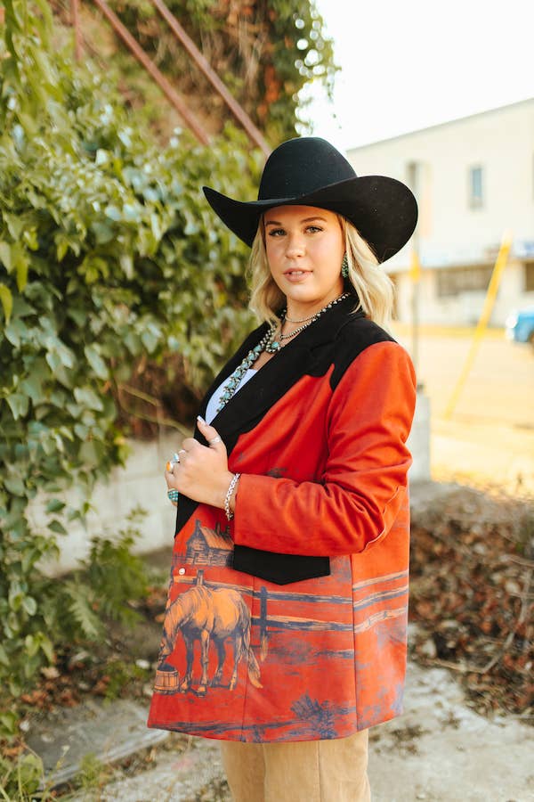 Vintage Printed Suede Western Blazer